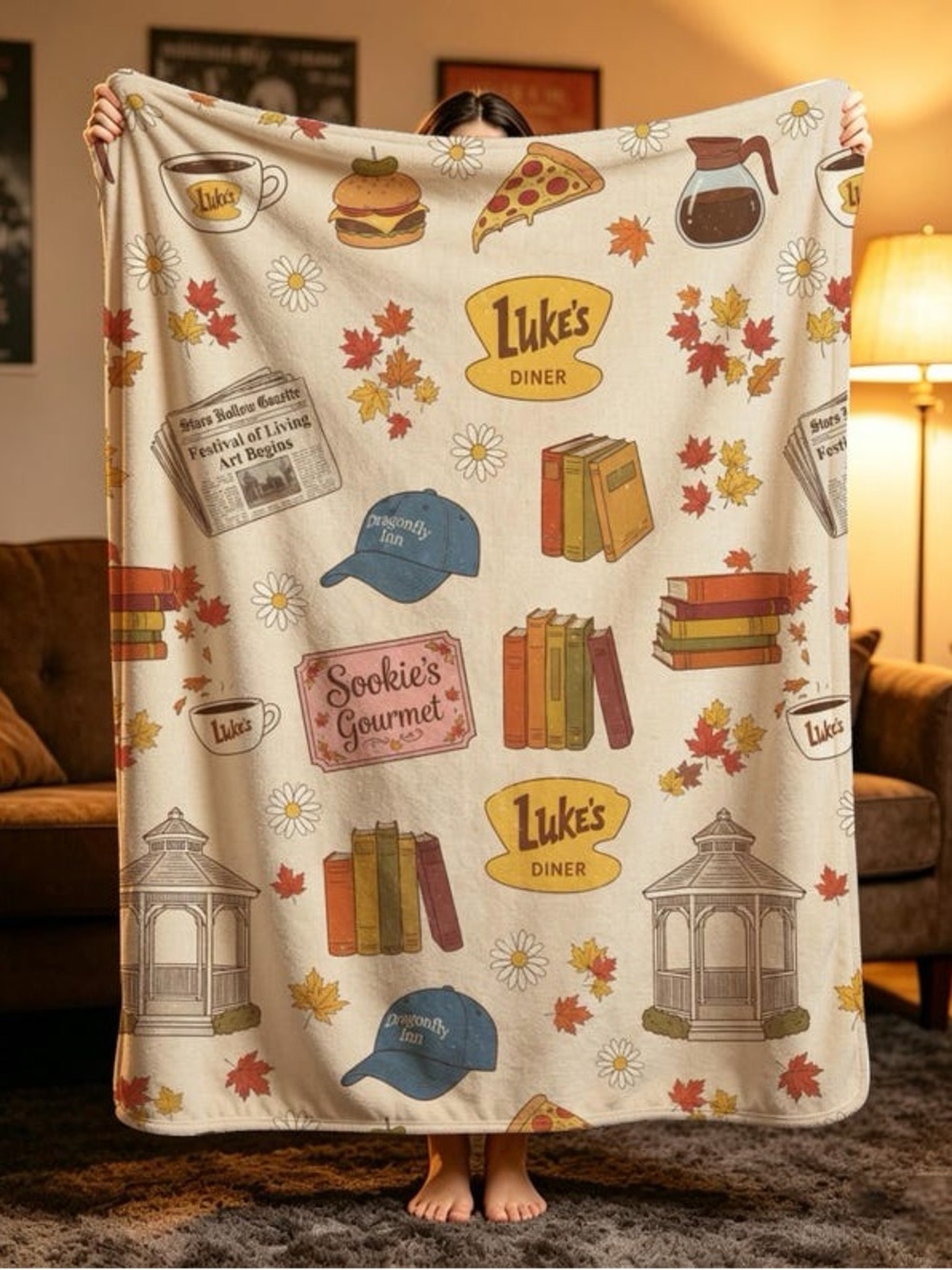 Luke's Diner Cream Autumn-Print Throw Blanket